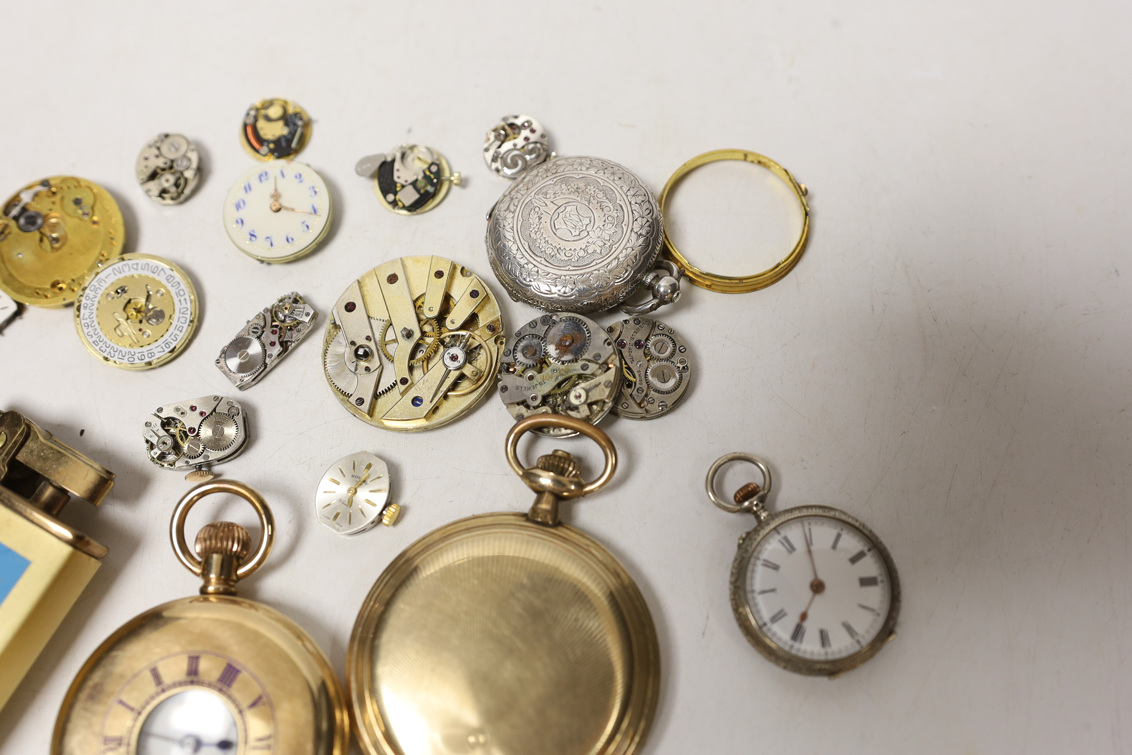 An assortment of pocket watches, lighters etc, including a gold plated half hunter.